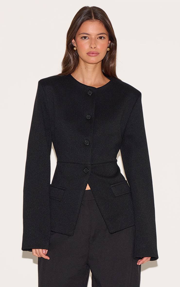 Noir Blazer Long Sans Col Avec Boutons