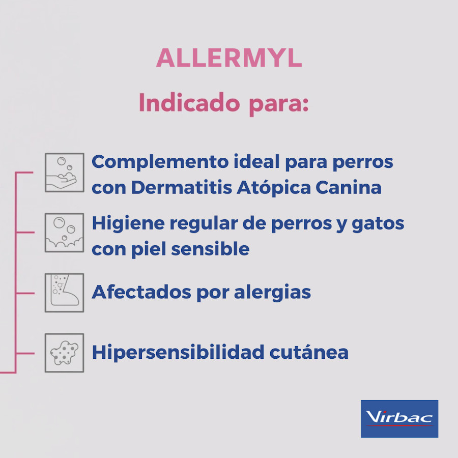 Shampoo dermatológico Virbac Allermyl para pele sensível de cães e gatos.