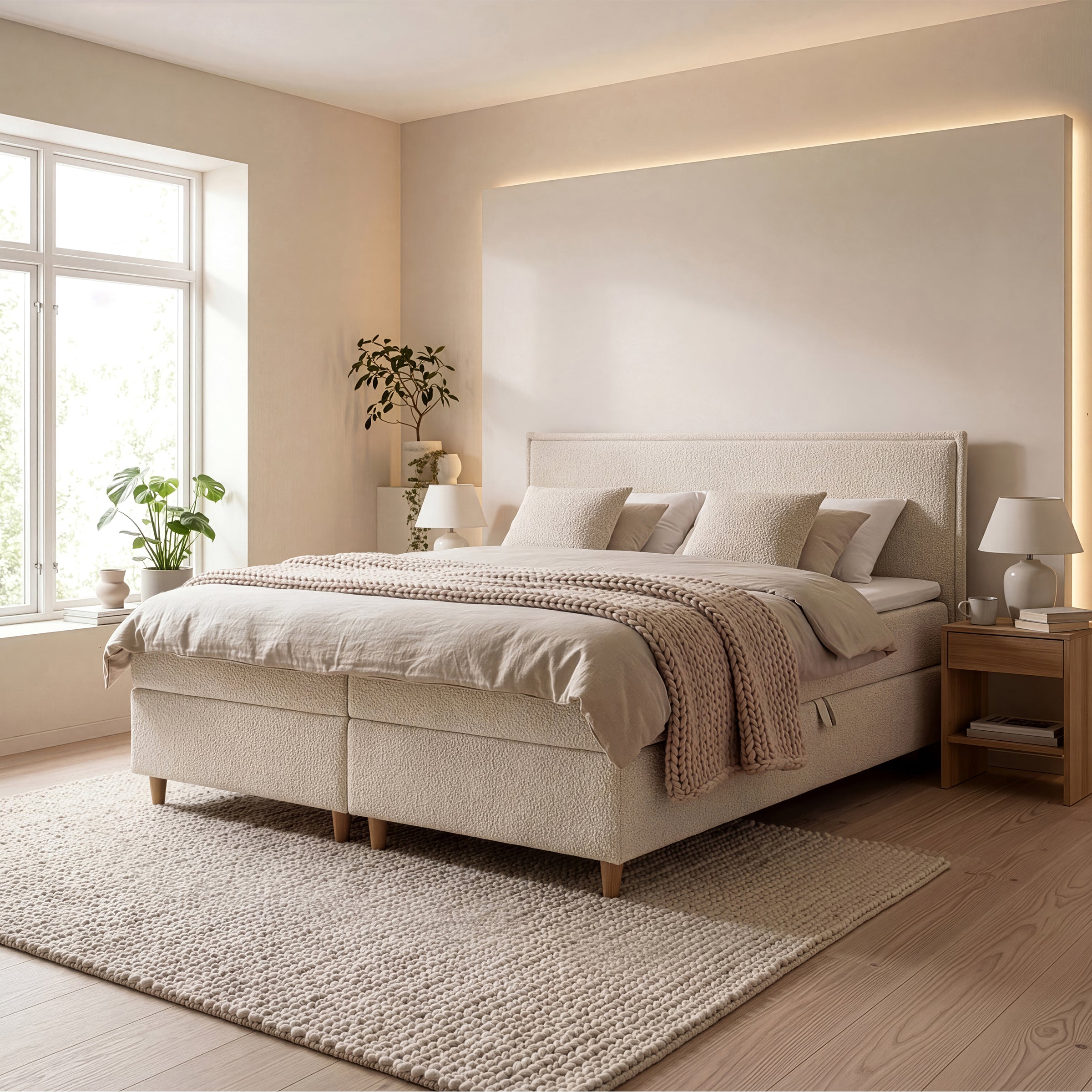 Saku - Boxspring met opbergruimte - Stof beige - 180x200 cm