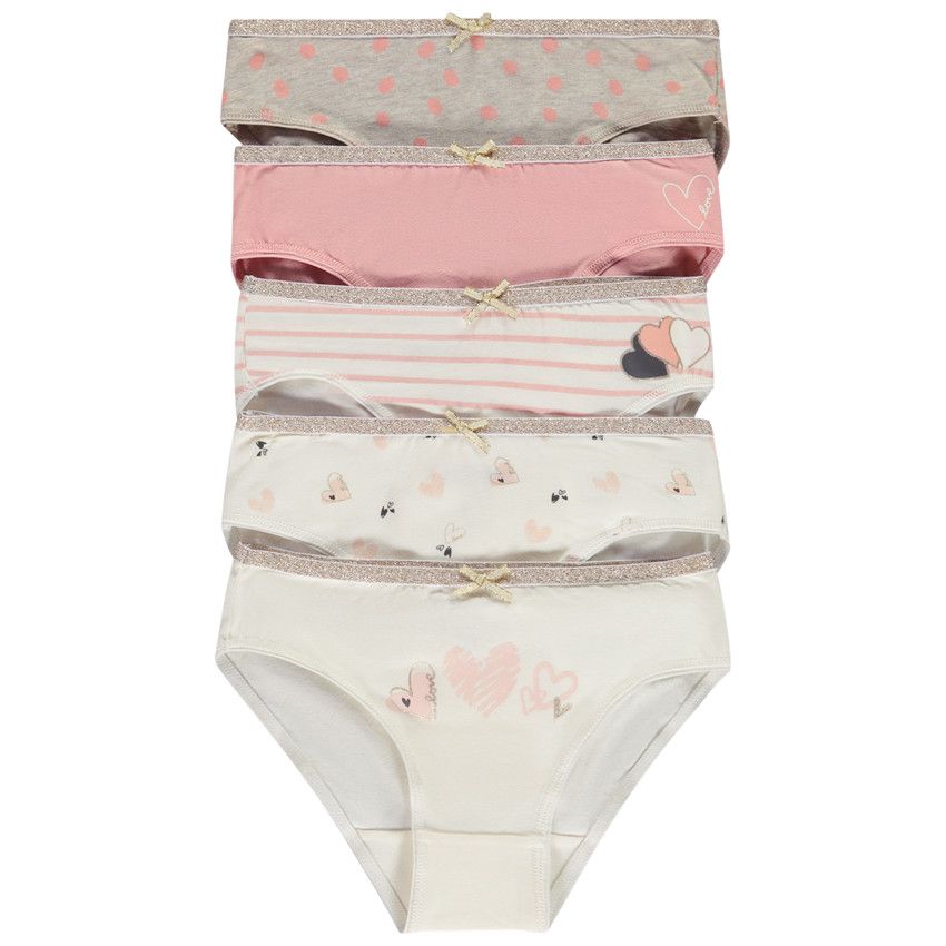 Lot de 5 culottes fantaisie motifs cœurs pour fille - Ecru