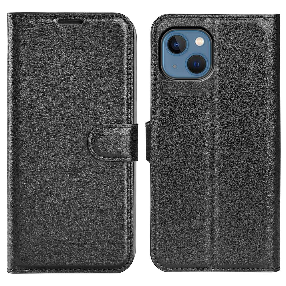 iPhone 14 Leder Tasche Flip Cover Litchi Look - Schwarz
