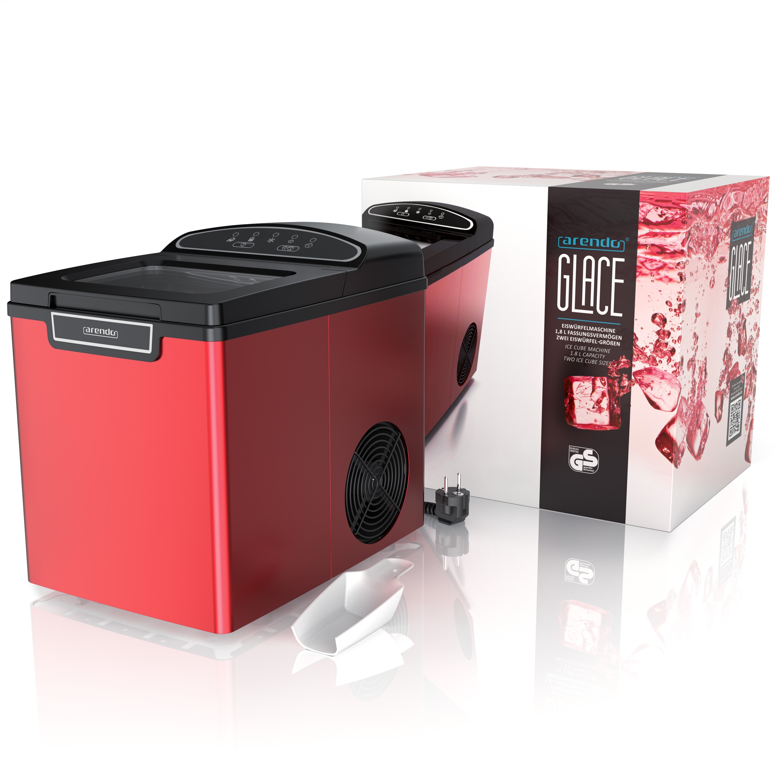 Arendo Eiswürfelbereiter, Eiswürfelmaschine, Ice Cube Maker, Wassertank 1,8 Liter, 12 bis 15 kg Eiswürfel in 24h, leise, Rot