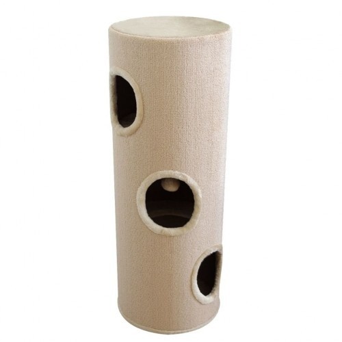 Casinha bege para gatos com poste para arranhar