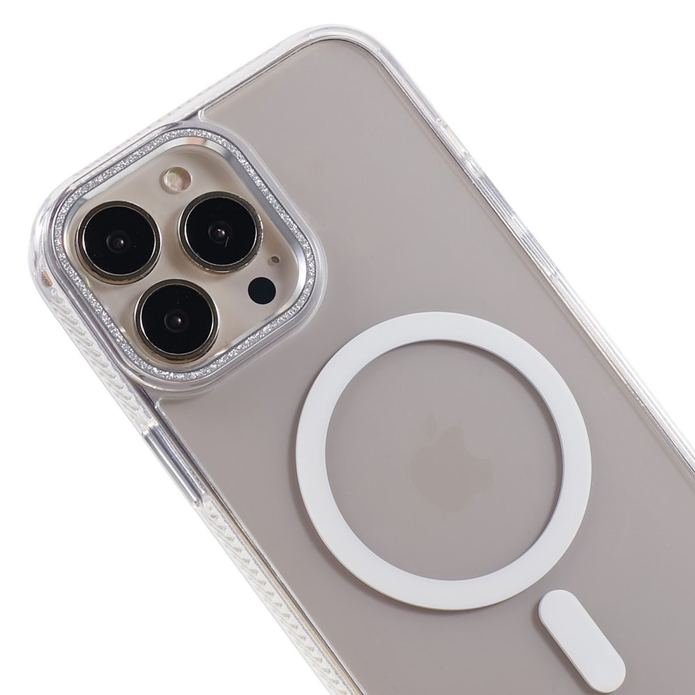 iPhone 14 Pro Max MagSafe Gummi Case Hülle mit Glitzer Aluminium Kameraschutz - Weiss / Transparent