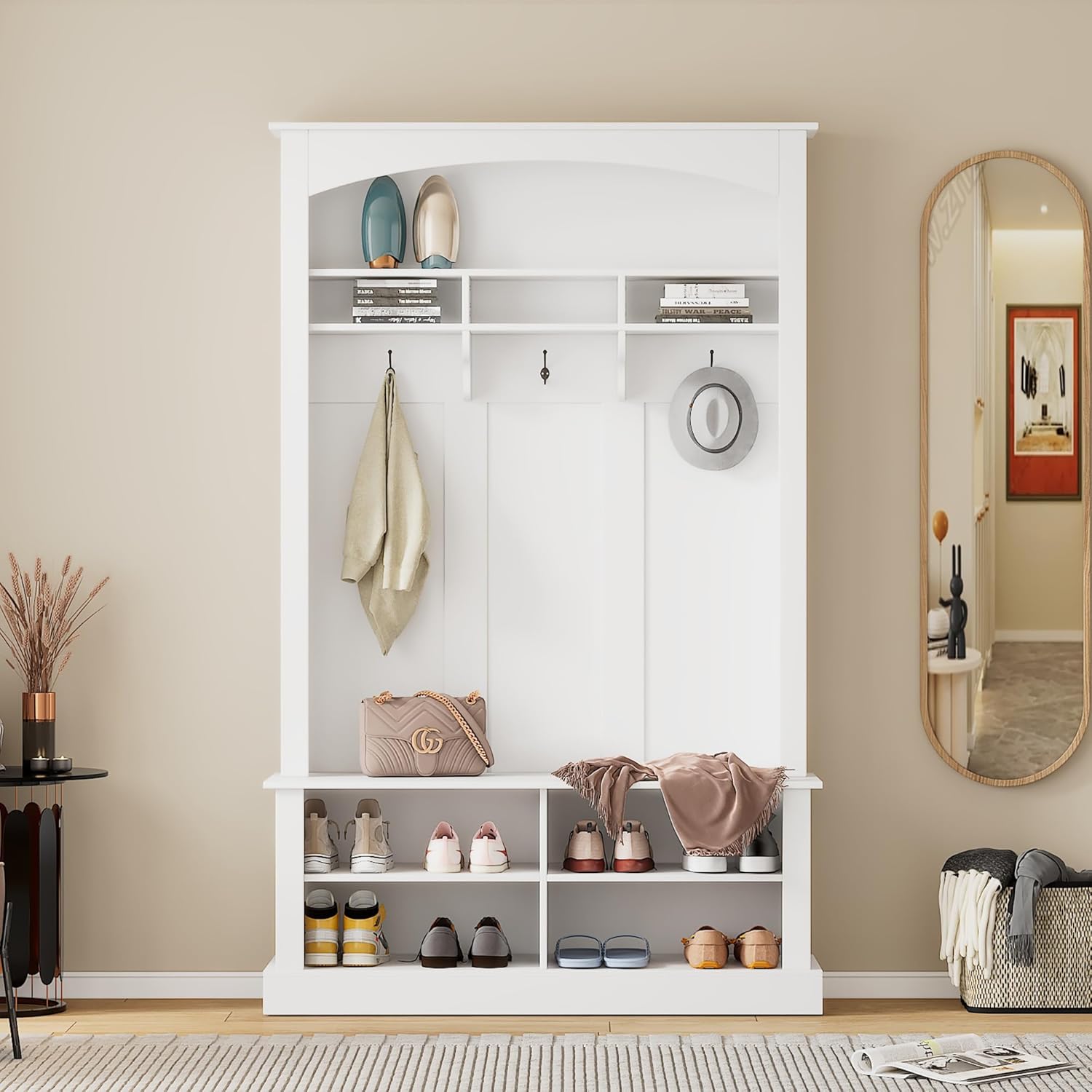 Merax Garderobe Set, Garderobe mit Schuhschrank, Multifunktionale Aufbewahrungsbank mit 3 hängenden Haken & offenem Stauraum, Stylishe Garderobenset für Flur, Weiß, H190/B120/T40 cm