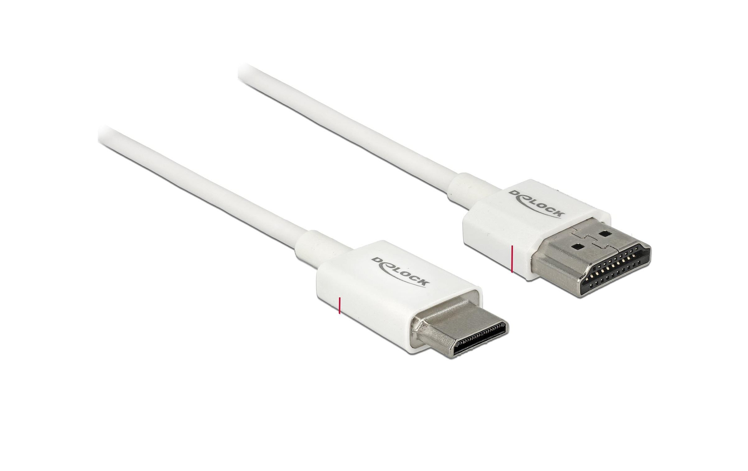 Kabel 4K 60Hz HDMI - Mini-HDMI (HDMI-C), 1.5 m, WeissDelock Kabel High Speed HDMI mit Ethernet – HDMI-A Stecker > HDMI Mini-C Stecker 3D 4K 1.5 m Slim High Quality