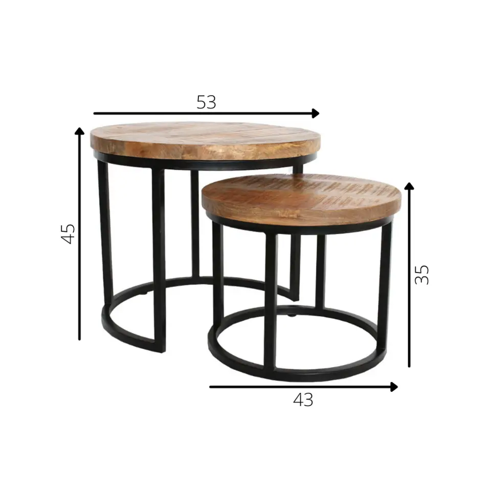 Industriële salontafel set van 2 Rosa - 53x53x45 cm - Mangohout - Bruin