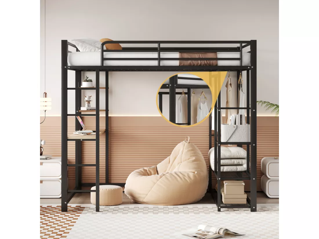 Lit mezzanine lit en fer/ lit en métal 140*200cm lit simple enfant avec compartiment de rangement table et sommier à lattes, noir