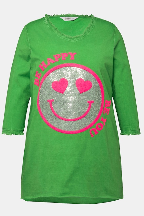 T-Shirt, A-Linie, Pailletten-Smiley, V-Ausschnitt, 3/4-Ärmel