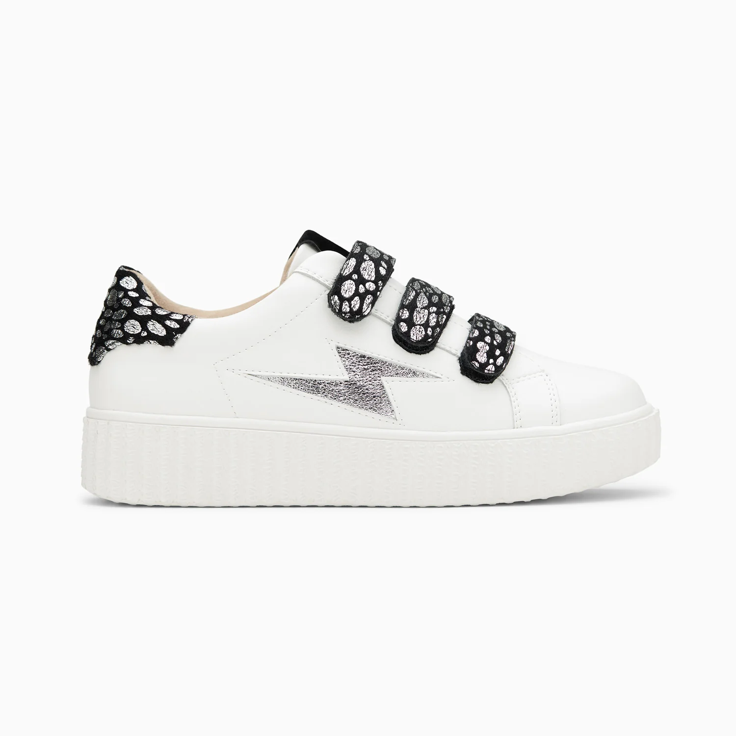 Sneakers-Baskets éclair Daisy blanc et argent à scratchs léopard