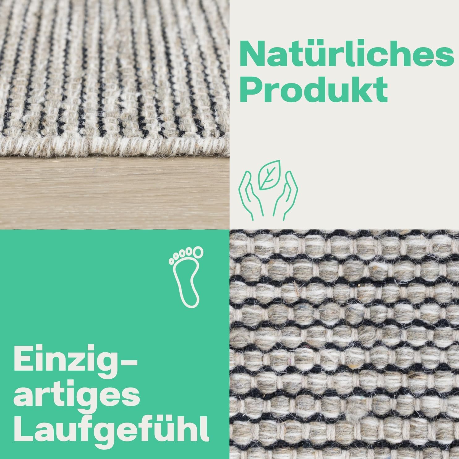 handgewebter Teppich 140x200 cm aus Wolle | weicher Woll-Teppich Wohnzimmer | handgemachter Wollteppich | flach gewebter Wohnzimmerteppich | Wendeteppich aus Naturfaser | beige Creme grau