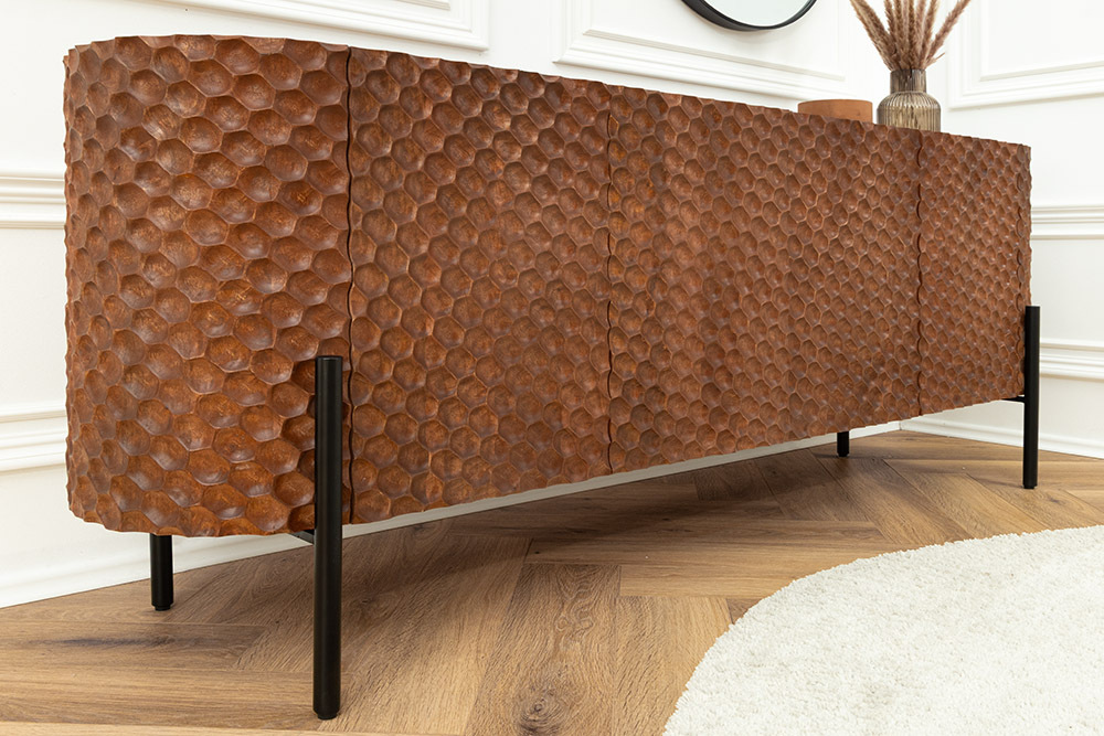 Massives Sideboard ADLON 180cm braun Mangoholz schwarz Metall 3D-Front in Wabenstruktur