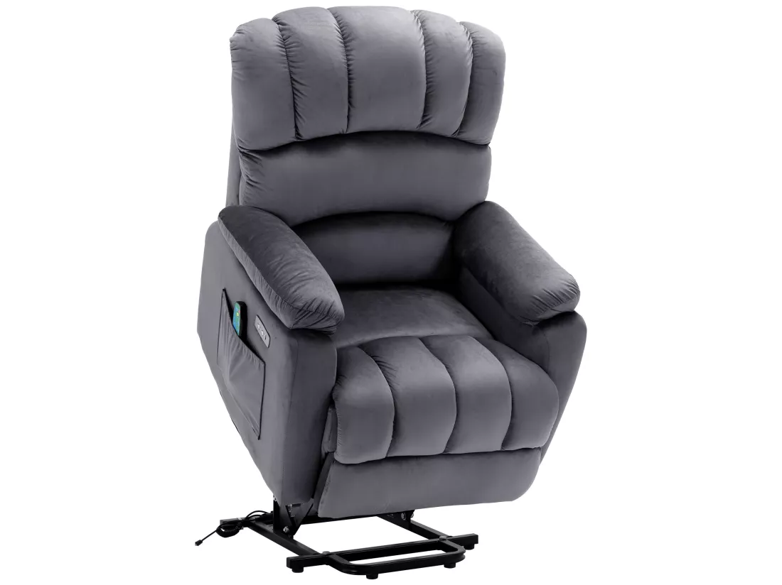 Fauteuil relax électrique en tissu avec fonctions de chauffage et de vibration - 2 poches latéralles - Gris