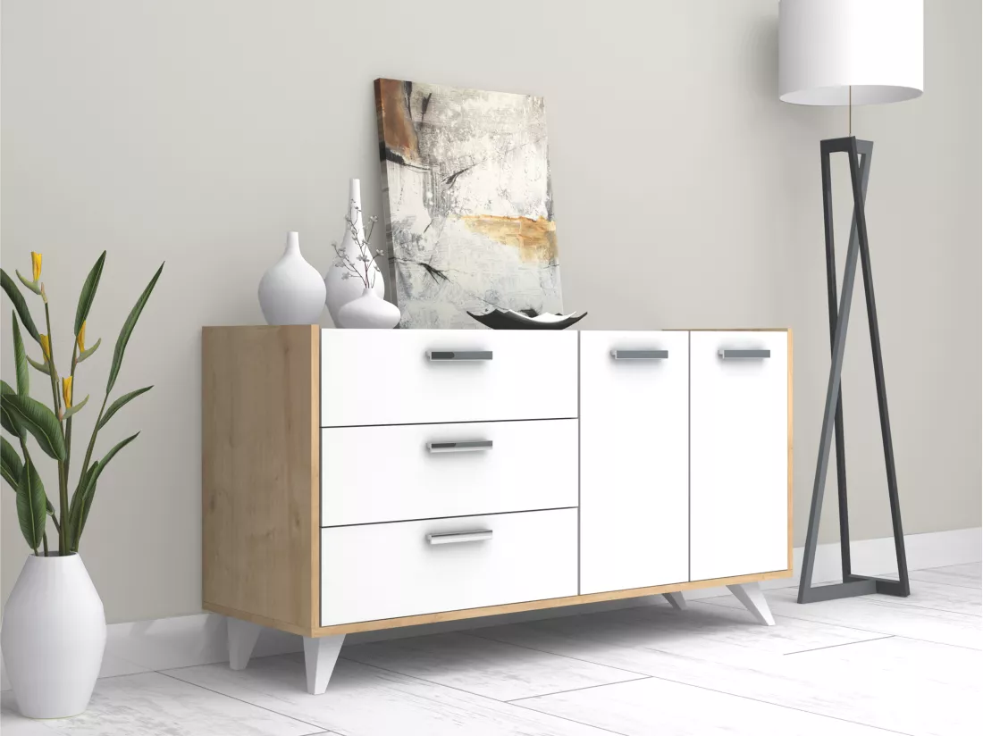 Buffet avec 2 portes et 3 tiroirs - Blanc et naturel - NAELY