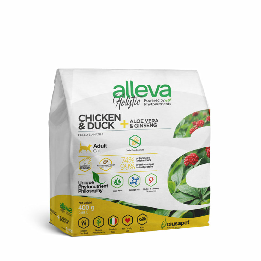 Croquette sans céréales pour chat adulte aux poulet et canard, aloe vera et ginseng 0,4 kg