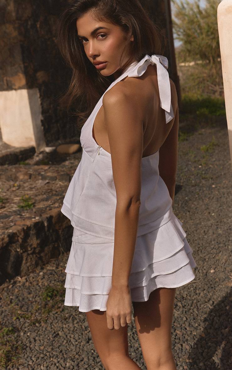 Blanc Ensemble Jupe Mini À Volants En Coton