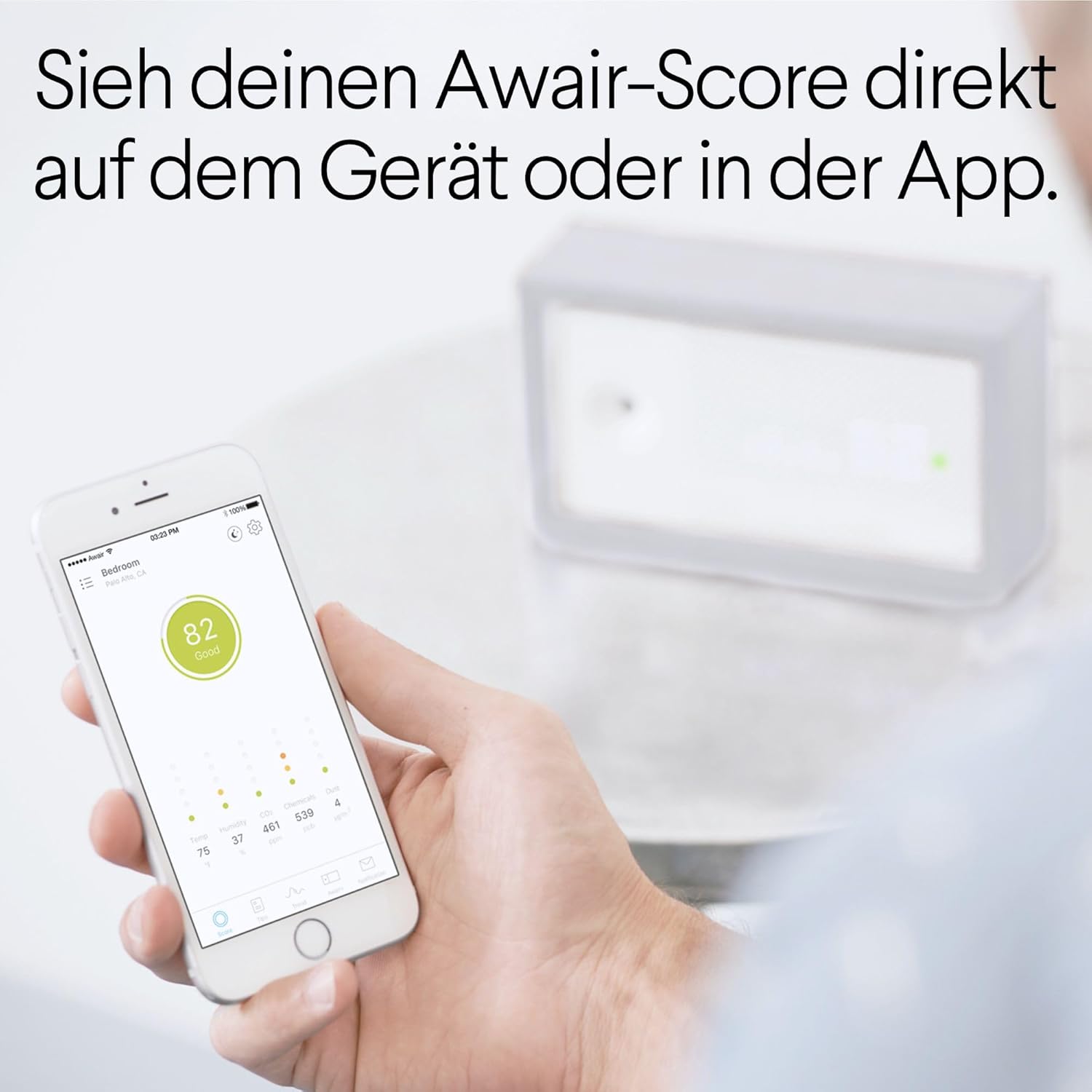 Awair Luftqualitätsmessgerät, innovatives CO2 Messgerät (Kohlendioxid-Melder), Monitor für Temperatur, Luftfeuchtigkeit, Feinstaub (PM 2,5) oder Chemikalien (VOC), Luftsensor, mit awair App