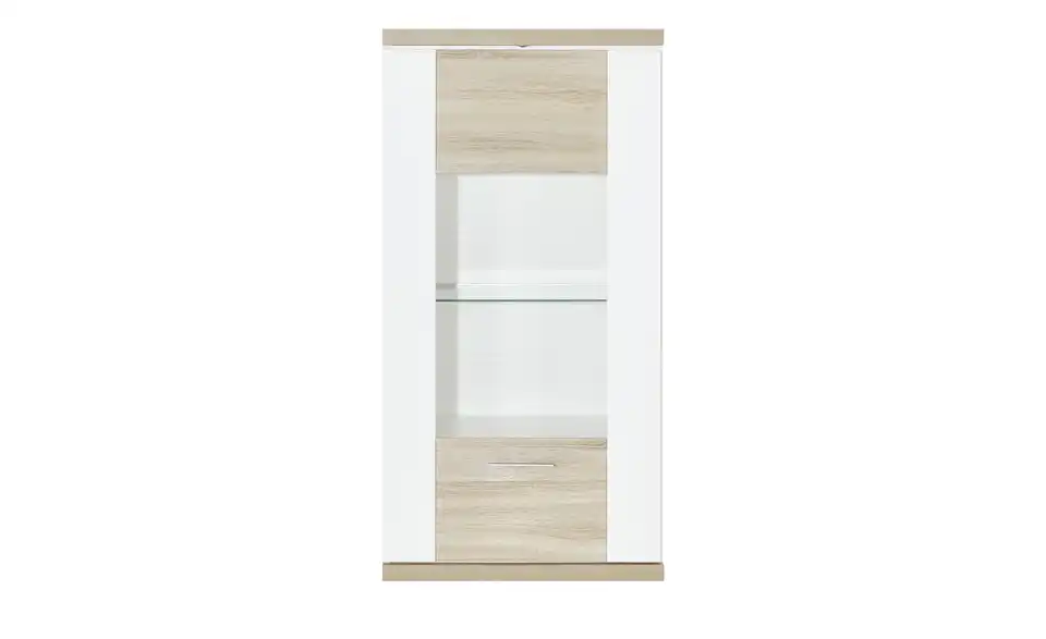 Hängevitrine Toulon Weiß, Eiche sägerau (Nachbildung) links Spotbeleuchtung