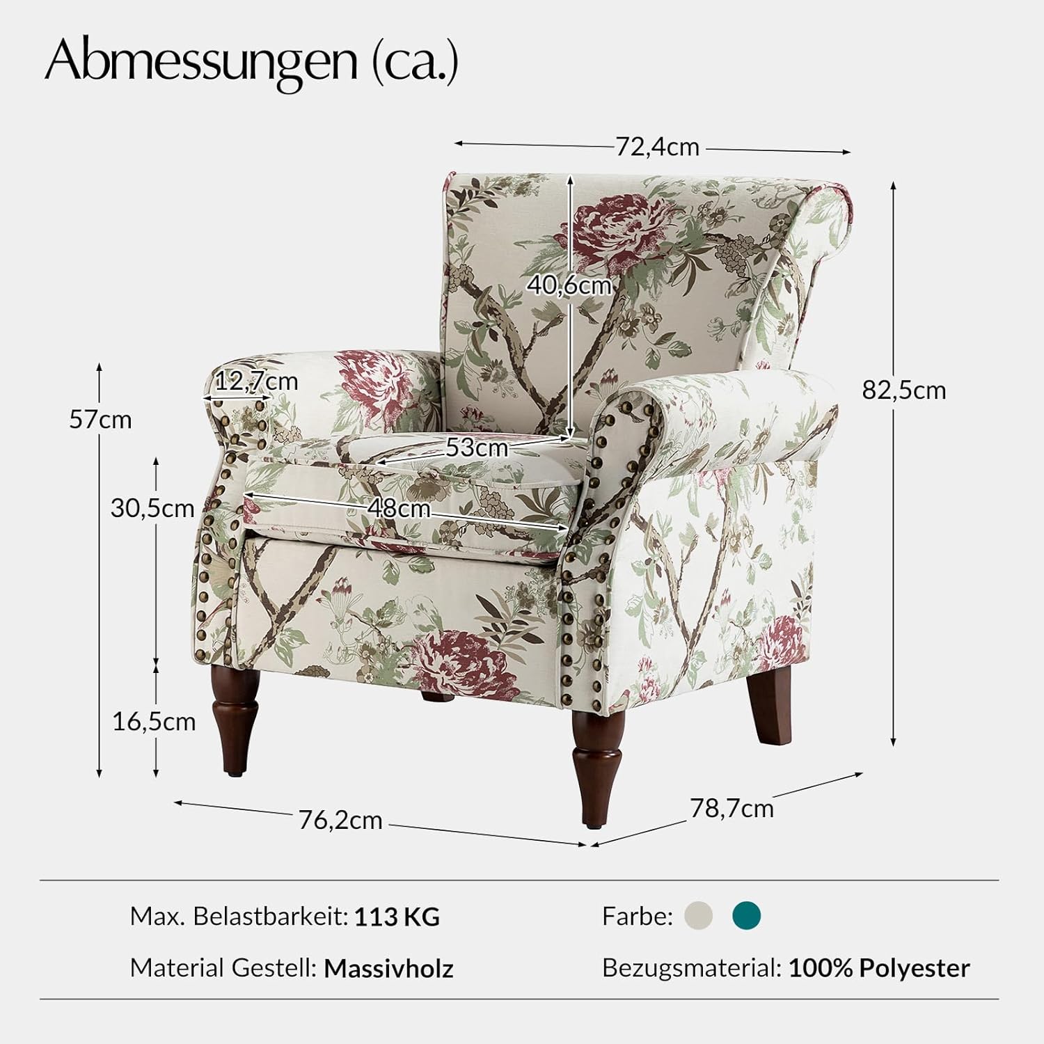 HULALA HOME Sessel gemütlich Ohrensessel Lesesessel bequem mit gerollten Armlehnen und Rücken Massivholzbeinen und Blumenmuster für Wohnzimmer Schlafzimmer, Weiß