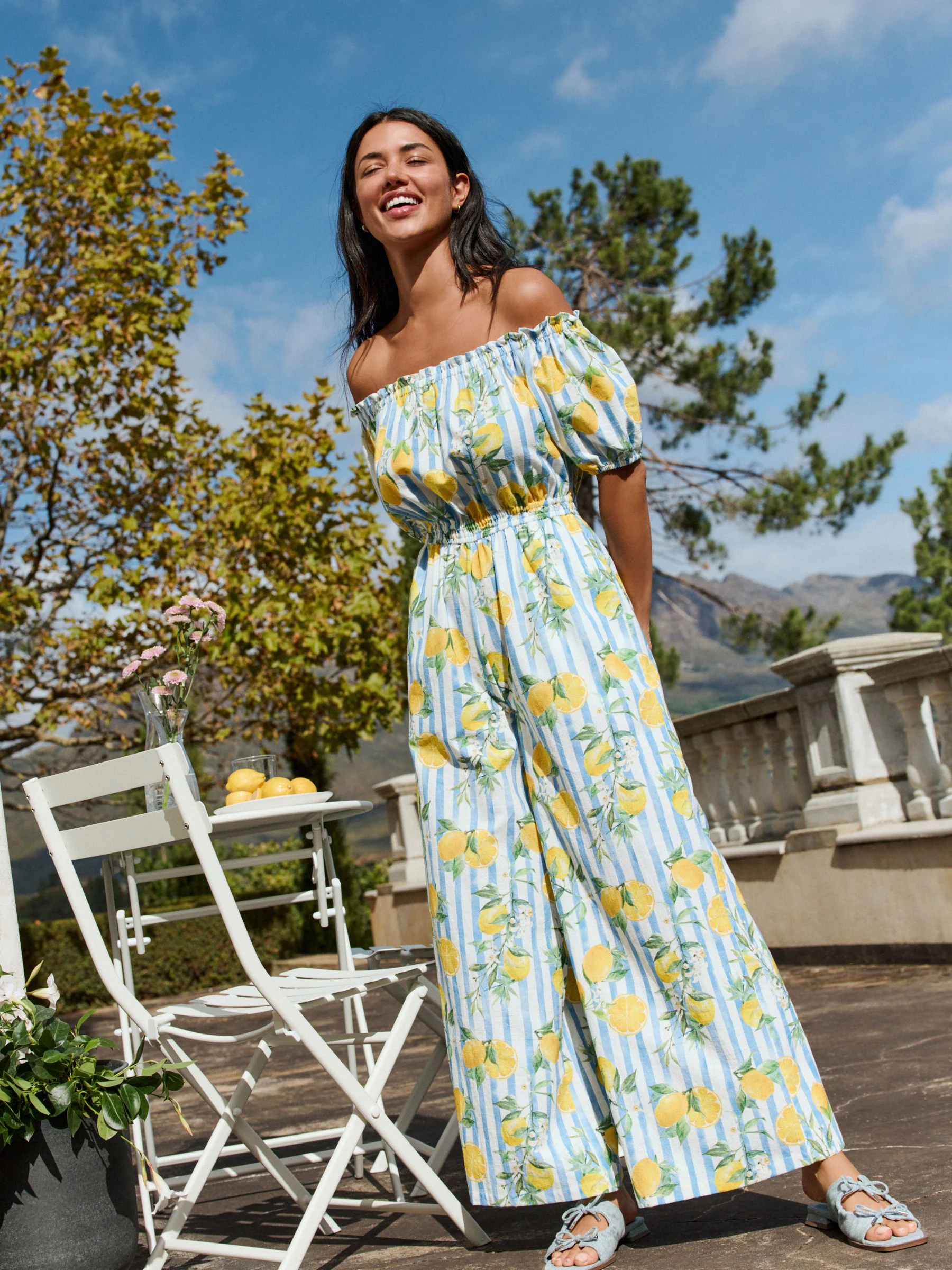 Blauw/witte streep - Jumpsuit met blote schouders en wijde pijpen van 100% katoen