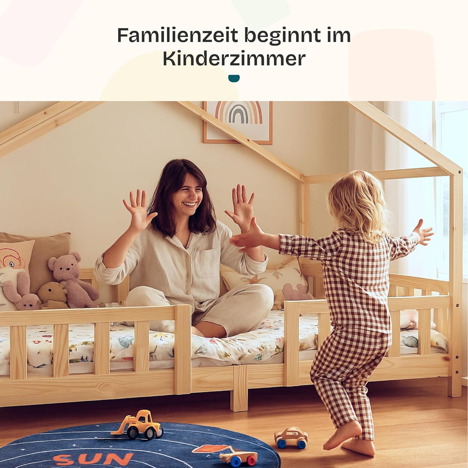 [en.casa] Kinderbett Treviolo Hausbett 140 x 200 cm Holzbett für Kinder mit Rausfallschutz Montessori Bettgestell mit Lattenrost Kiefernholz Holzfarben