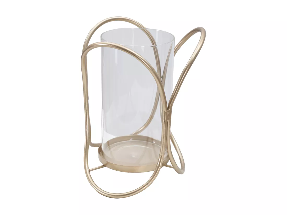 Support de Bougie en Métal Doré avec Coupelle en Verre - Porte-bougie Glox Dark Ø 16x21,5 cm, Design Géométrique Élégant avec Lignes Douces