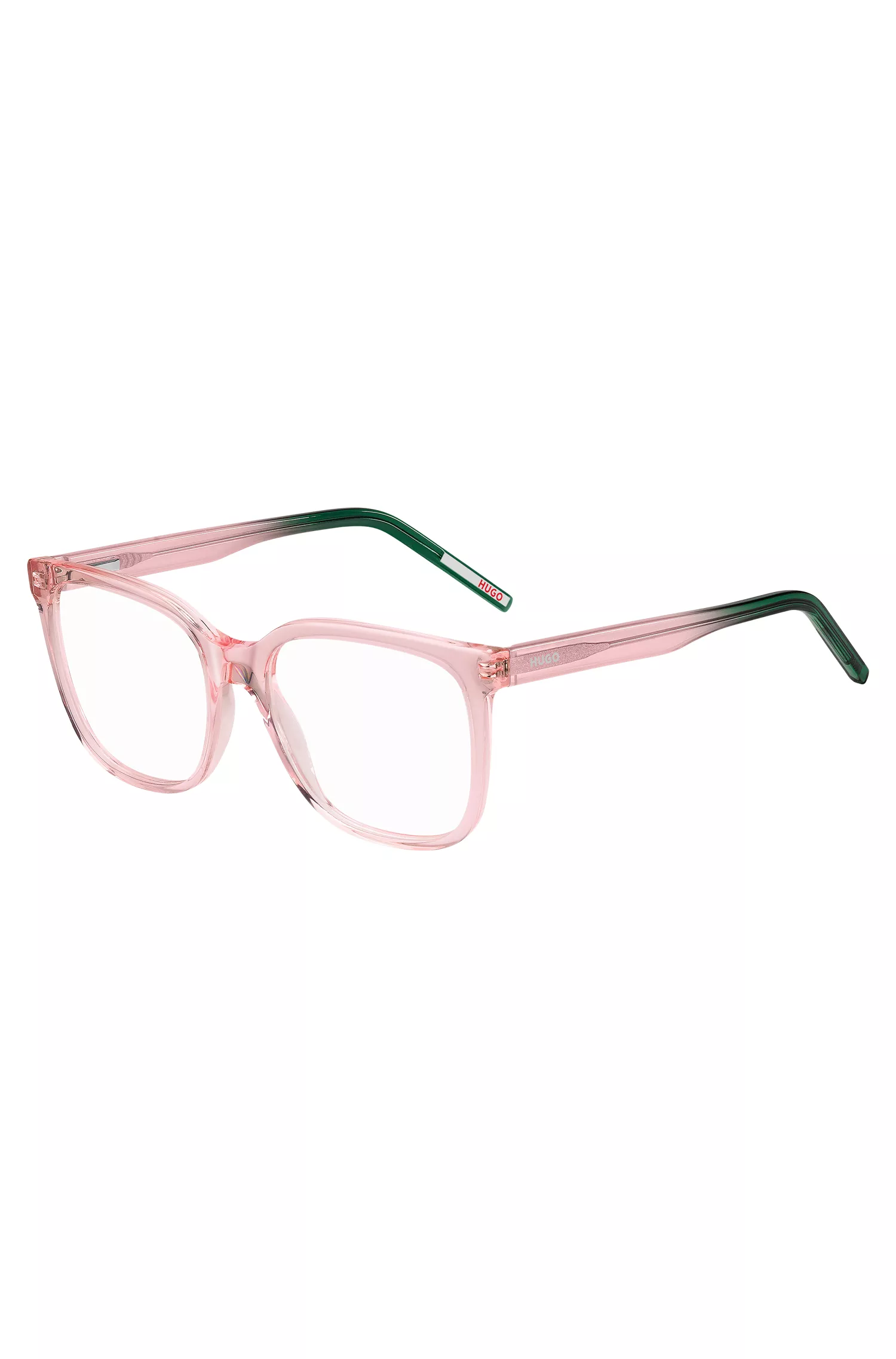 Armação de óculos HUGO em acetato vermelho-rosa com ponteiras verdes.