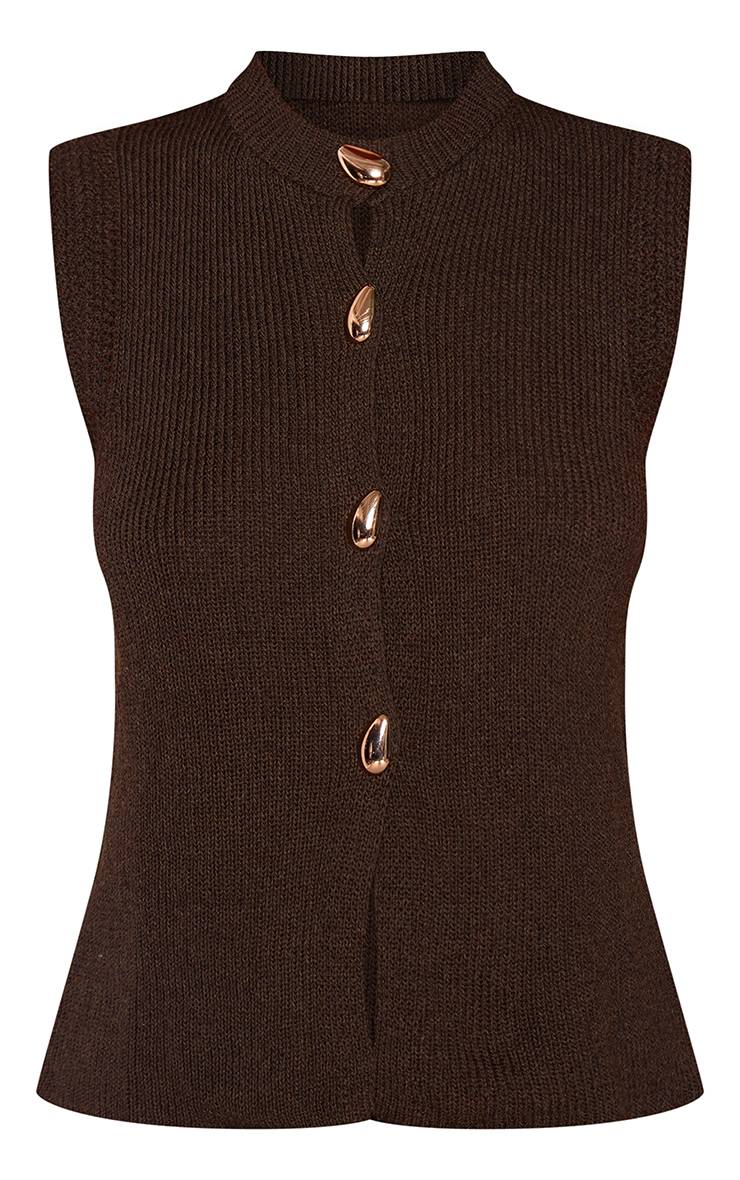 Chocolat Gilet Sans Manches Au Crochet Avec Bouton Doré