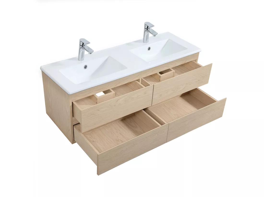 Meuble double vasque décor chêne 120cm + plan double vasque
