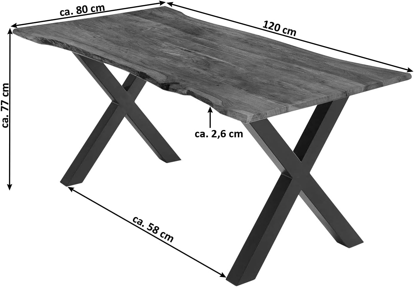 SAM Esstisch 120x80 cm Burgos, Akazienholz massiv + nussbaumfarben + lackiert, echte Baumkante, Baumkantentisch mit X-Gestell aus Metall schwarz, Tischplatte 26 mm