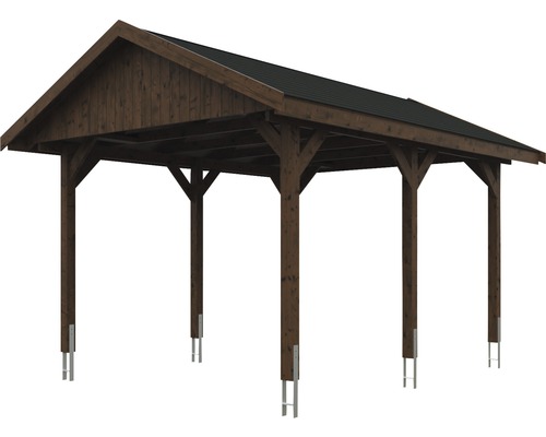 Enkele carport SKAN HOLZ Wallgau inclusief zwarte shingles en H-paalankers 380 x 500 cm notenhout