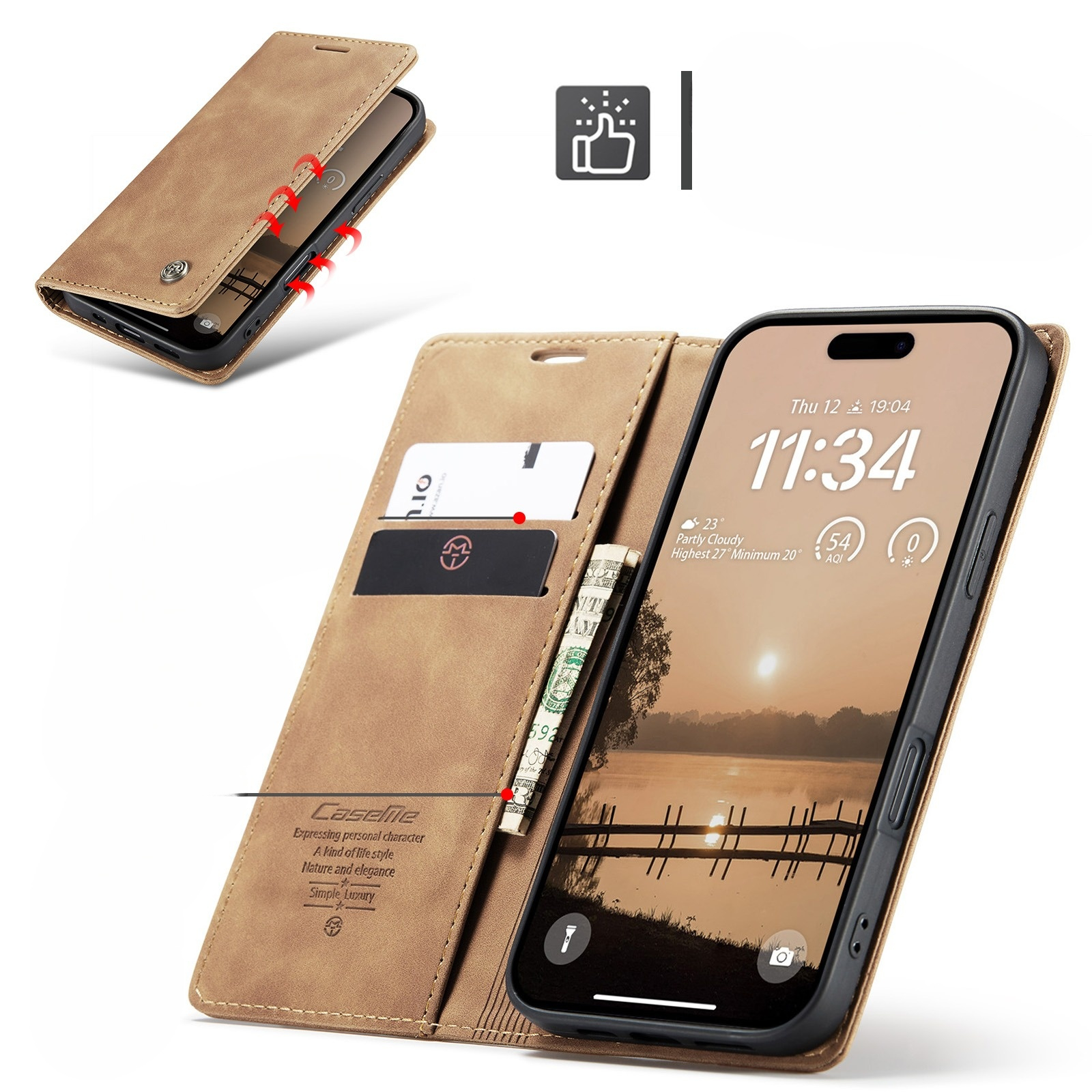 iPhone 17 Pro Leder Tasche Flip Wallet Etui mit Kartenfächern - Hellbraun