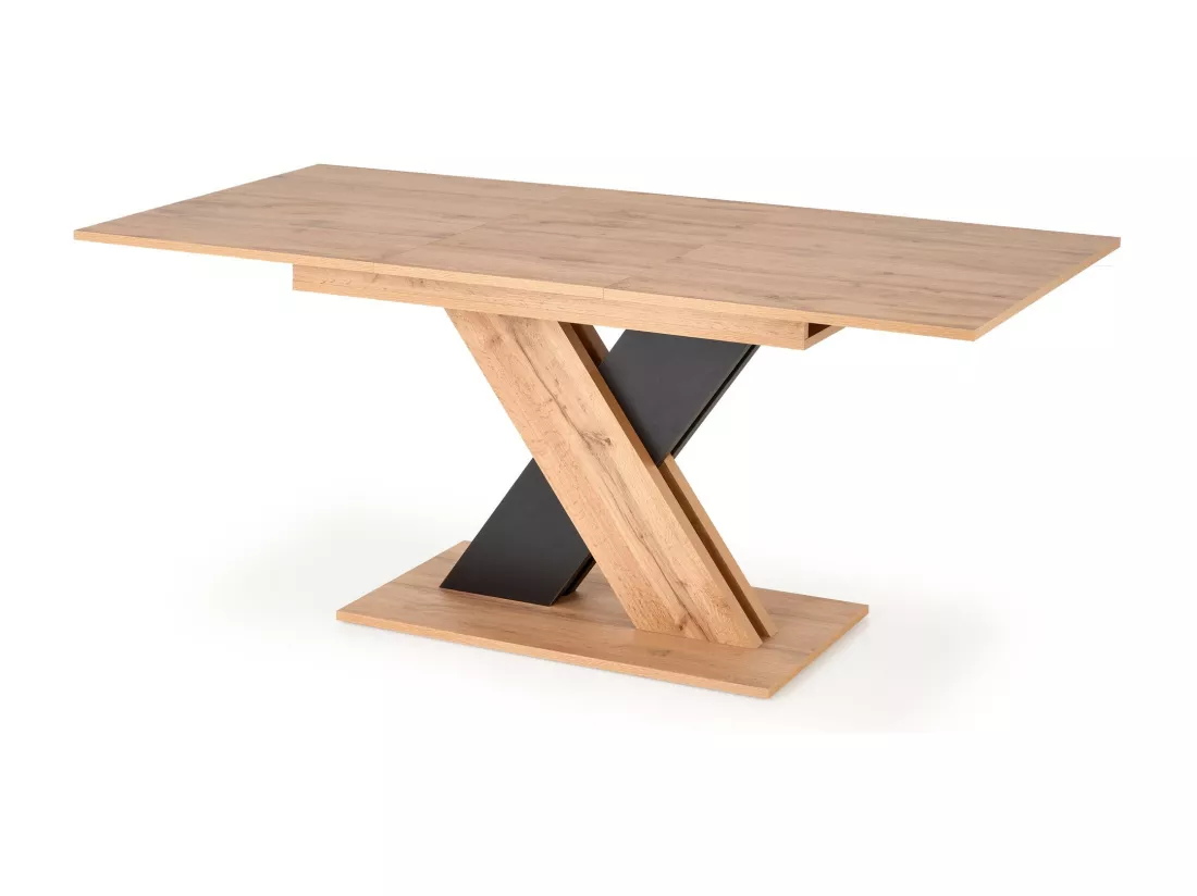 Table de salle à manger extensible avec pied central bicolore et plateau aspect chêne APODIS