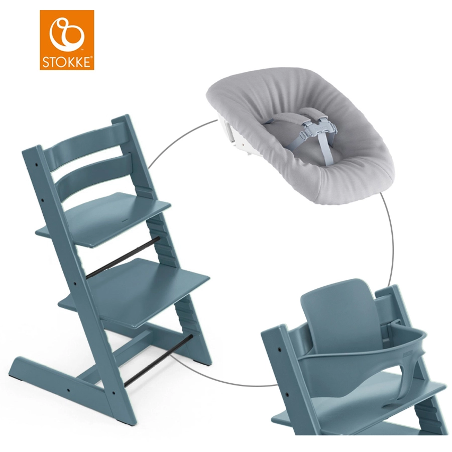 STOKKE® Mega Tripp Trapp® Set Hochstuhl Buche Fjord Blue inkl. Newborn Set™ Grey und Baby Set Fjord Blue