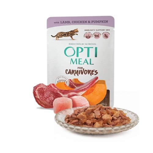 Alimento úmido Optimeal sem grãos para gatos, sabor cordeiro e frango em geleia de abóbora.
