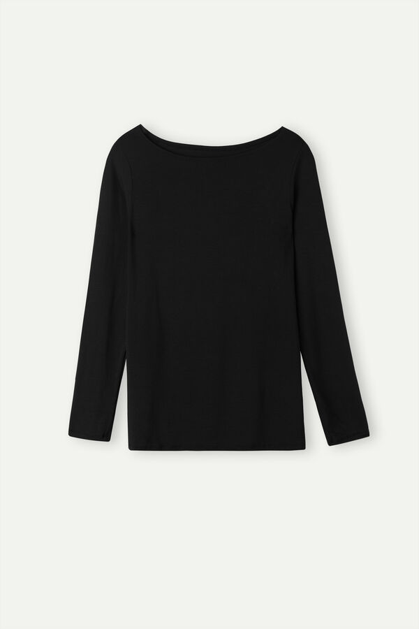 Camiseta de manga comprida com decote canoa em micromodal