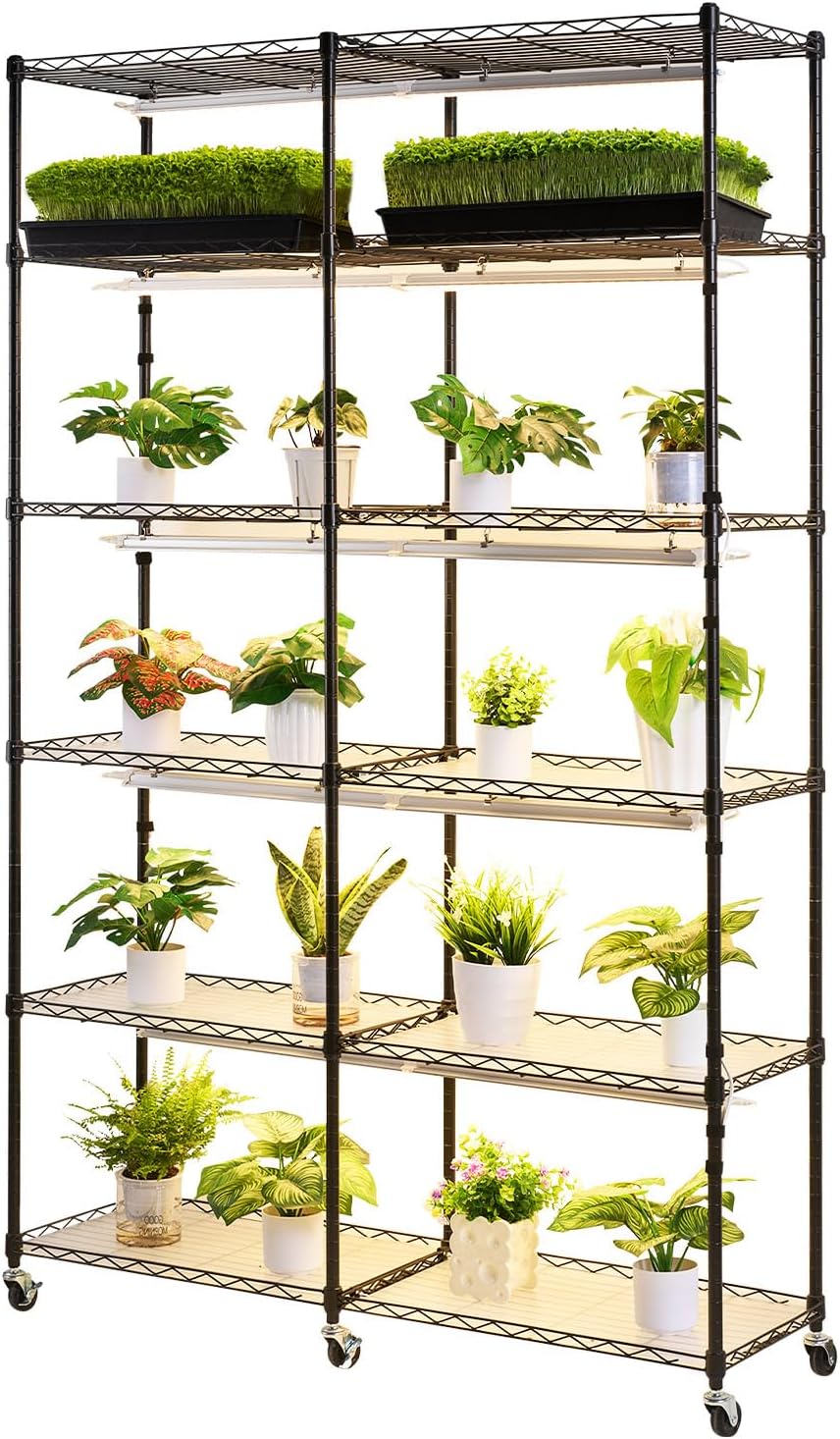 VEVOR Pflanzenregal mit Wachstumslicht, 6-stufiger doppelreihiger Pflanzenständer für Zimmerpflanzen mit Rädern & Timer, 200-W-Vollspektrum-Lichter, Blumenregal für Samenanzucht, 120x35x180cm