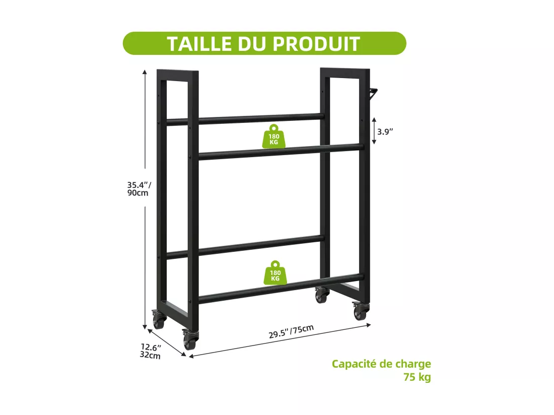 Support pour 4 caisses de Bouteilles YITAHOME - avec Roulettes - Noir - Étagère de Bouteilles - 75 x 90 x 32 cm