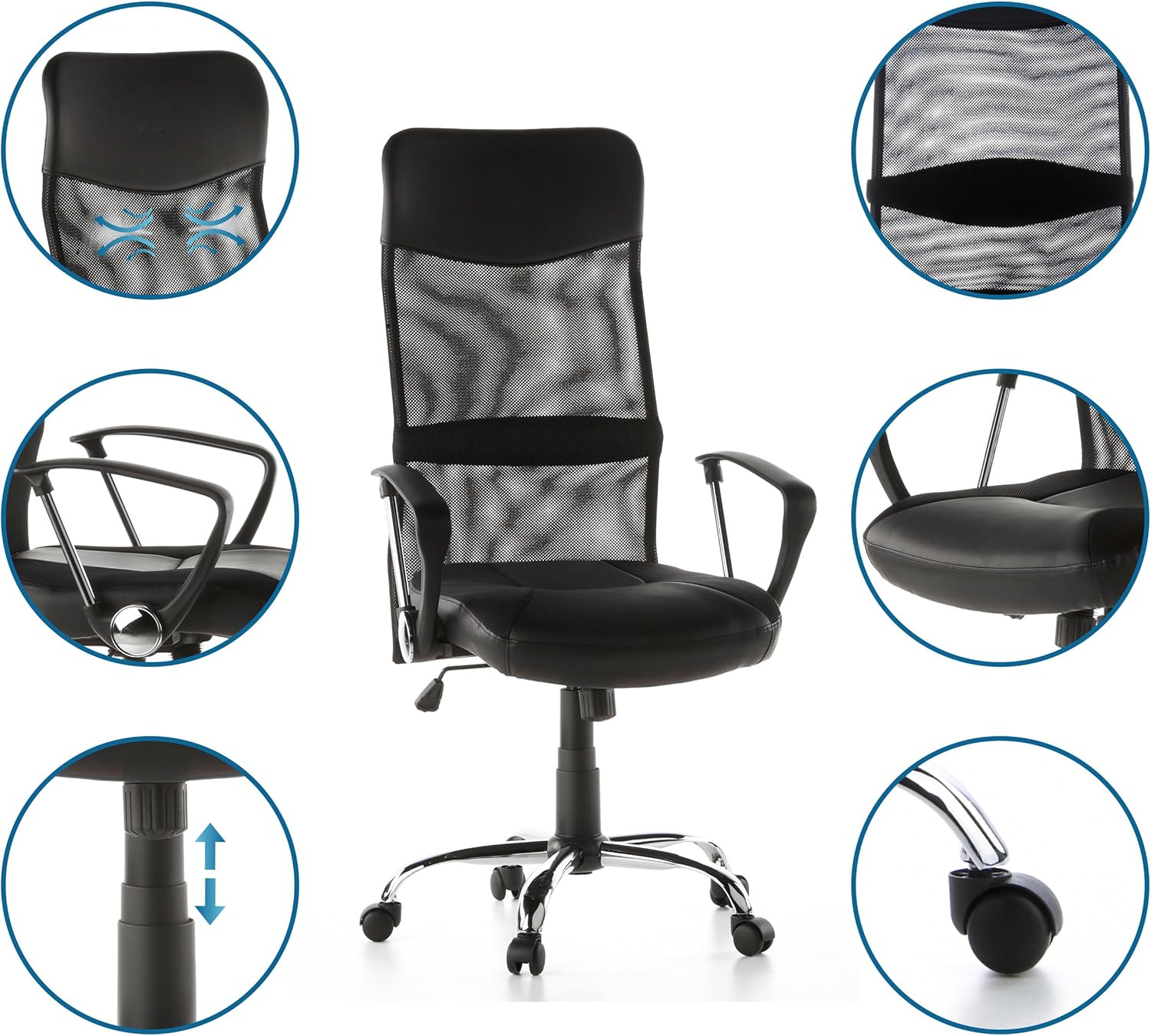 hjh OFFICE 729440 Bürostuhl STRYKA ergonomischer Drehstuhl, hohe Rückenlehne mit atmungsaktivem Netzstoff, schwarz