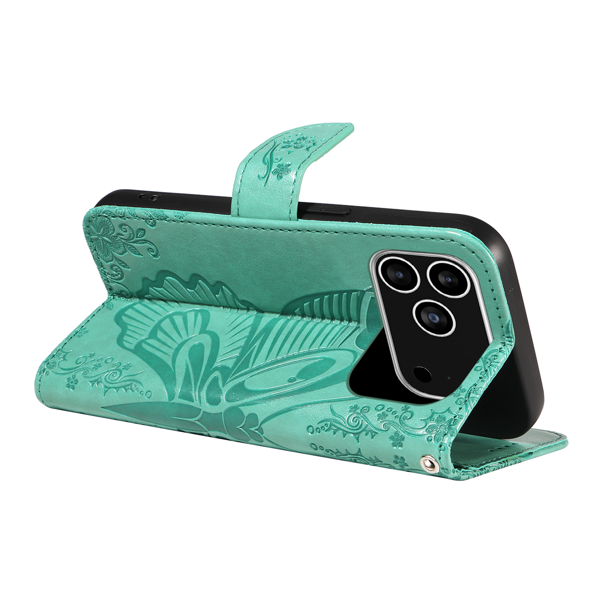 iPhone 17 Pro Leder Tasche Flip Cover Schmetterlinge Imprint - Türkis