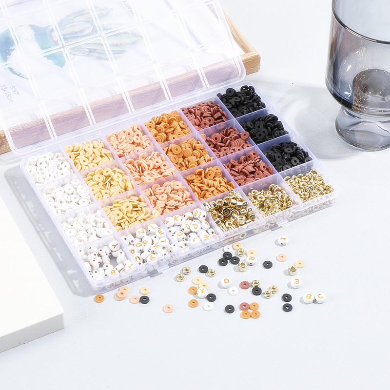 (2414er Set) 6mm Flache Gummi Perlen DIY Bastel Schmuck Buchstaben Zwischenperle für Armband / Kette - Braun / Schwarz / Weiss / Gold