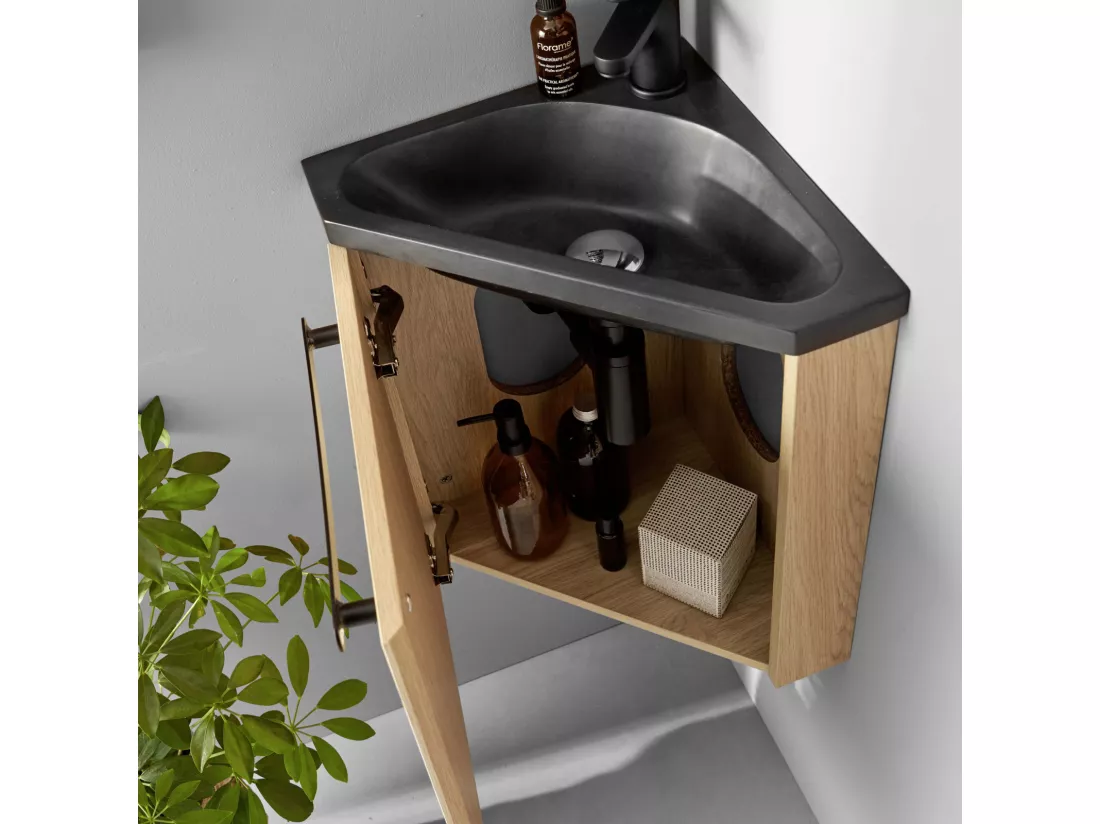 Meuble lave-mains d'angle décor chêne vasque noire SKINO