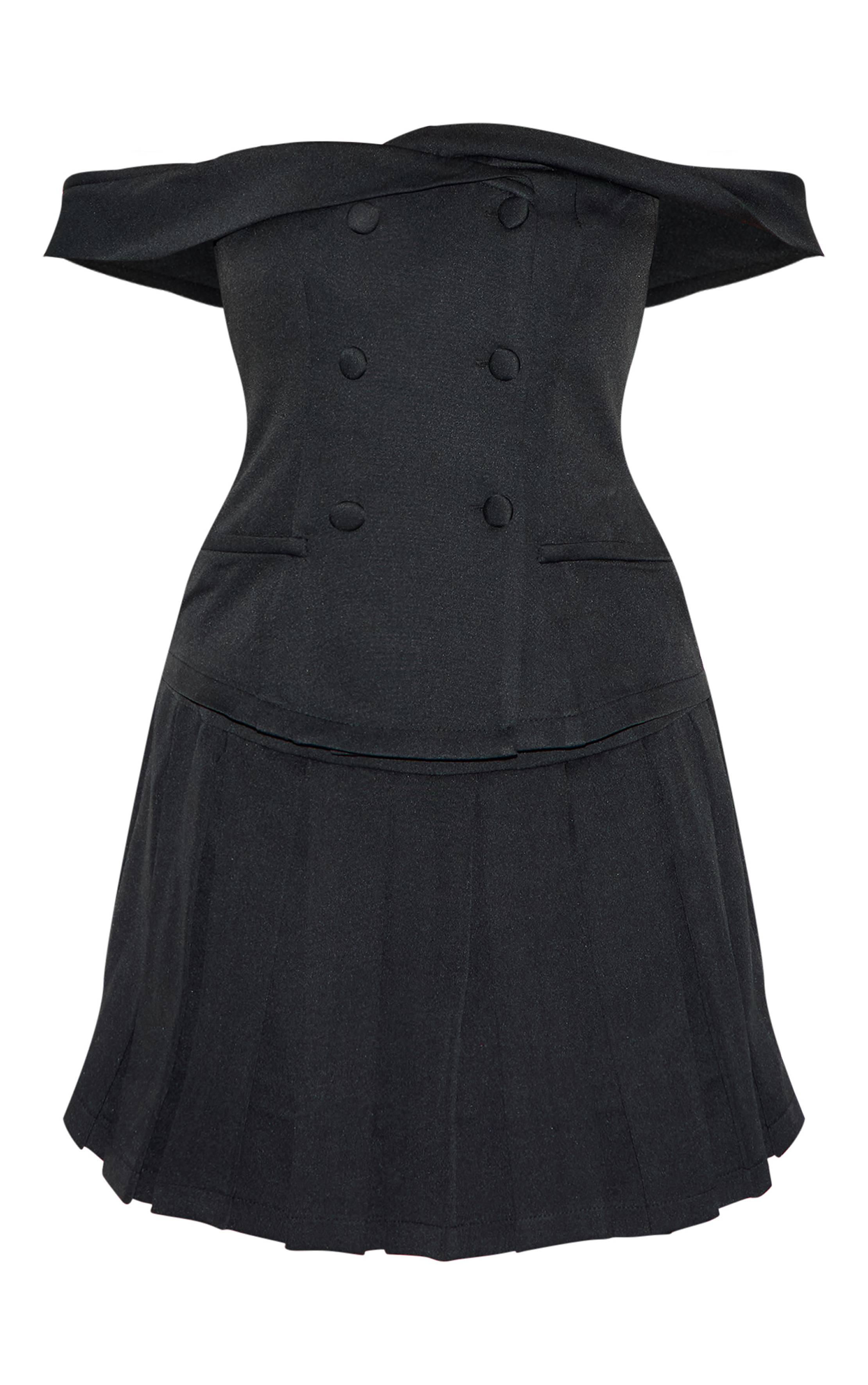 Noir Combishort Jupe-culotte Plissée À Détail Boutons Et Encolure Bardot Ajustée