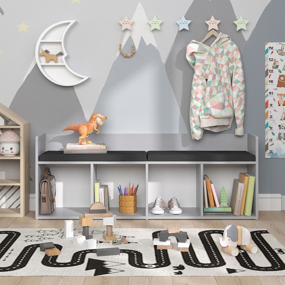 Vicco Sitzbank Kinderzimmerbank Kinderregal Luigi Hellgrau 142x53 cm modern Kinderzimmer Regal Aufbewahrungsregal Bücherregal Lesebank Spielzeugaufbewahrung Organizer Regal-Bank-Kombi 4 Fächer