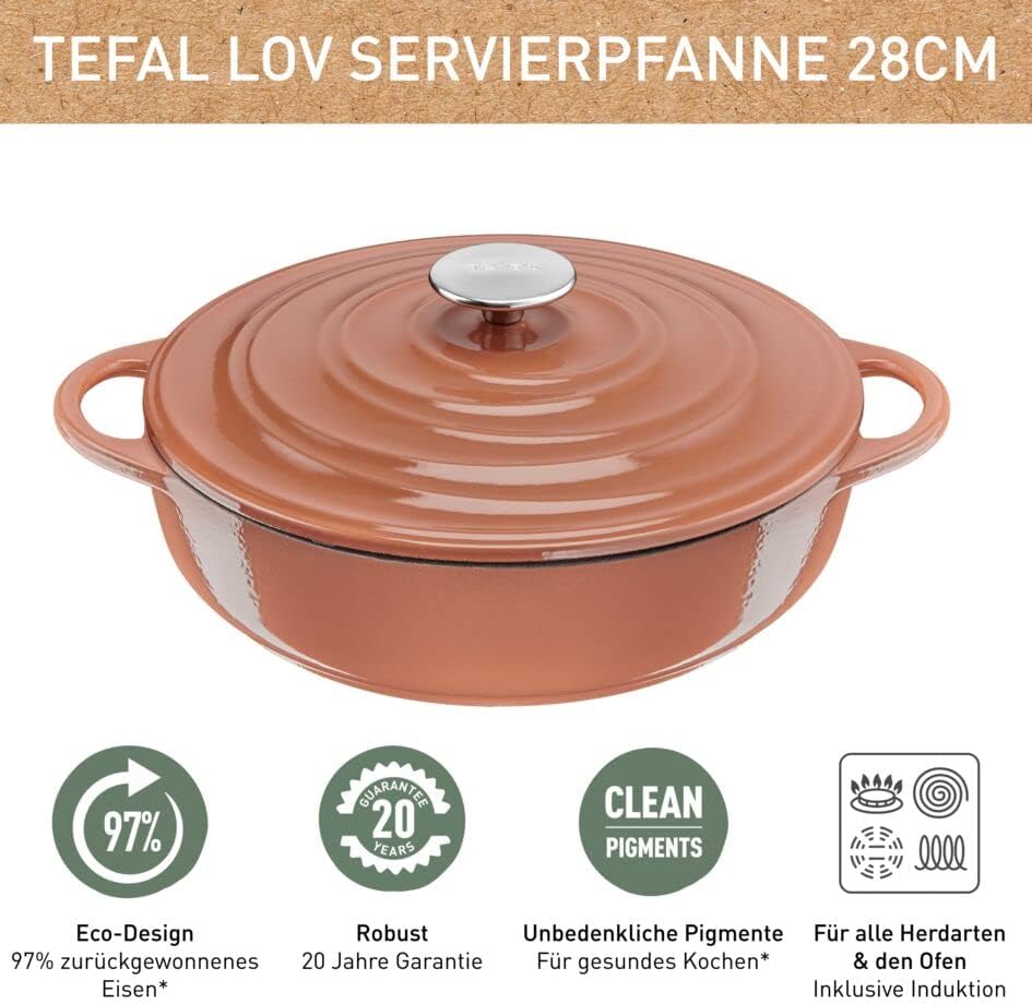 Tefal LOV Servierpfanne 28 cm, wiedergewonnenes Gusseisen, optimale Wärmespeicherung, für alle Herdarten, induktionsgeeignet, backofengeeignet bis 250°C, spülmaschinengeeignet, terracotta, E26072