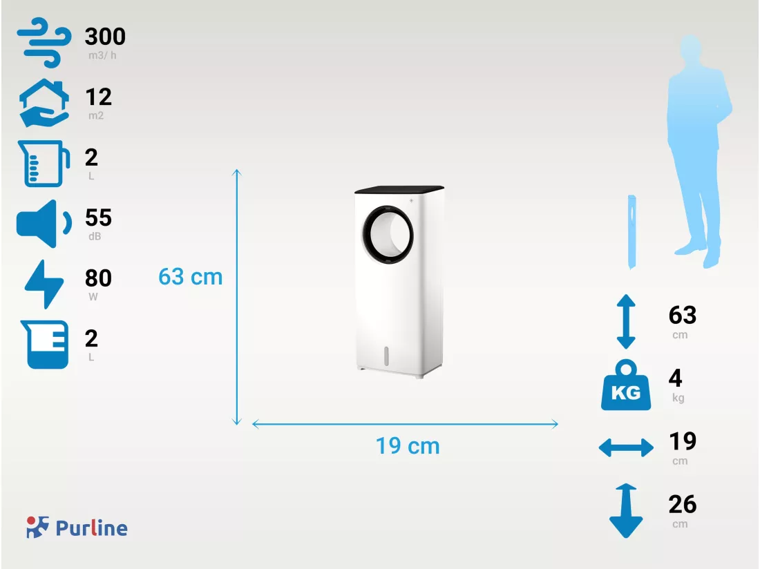 Rafraichisseur d'air par évaporation sans pales avec 3 vitesses et 2L