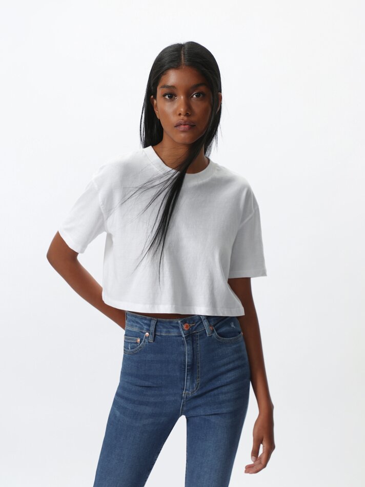 Calça jeans skinny de cintura alta - Turquesa Escuro