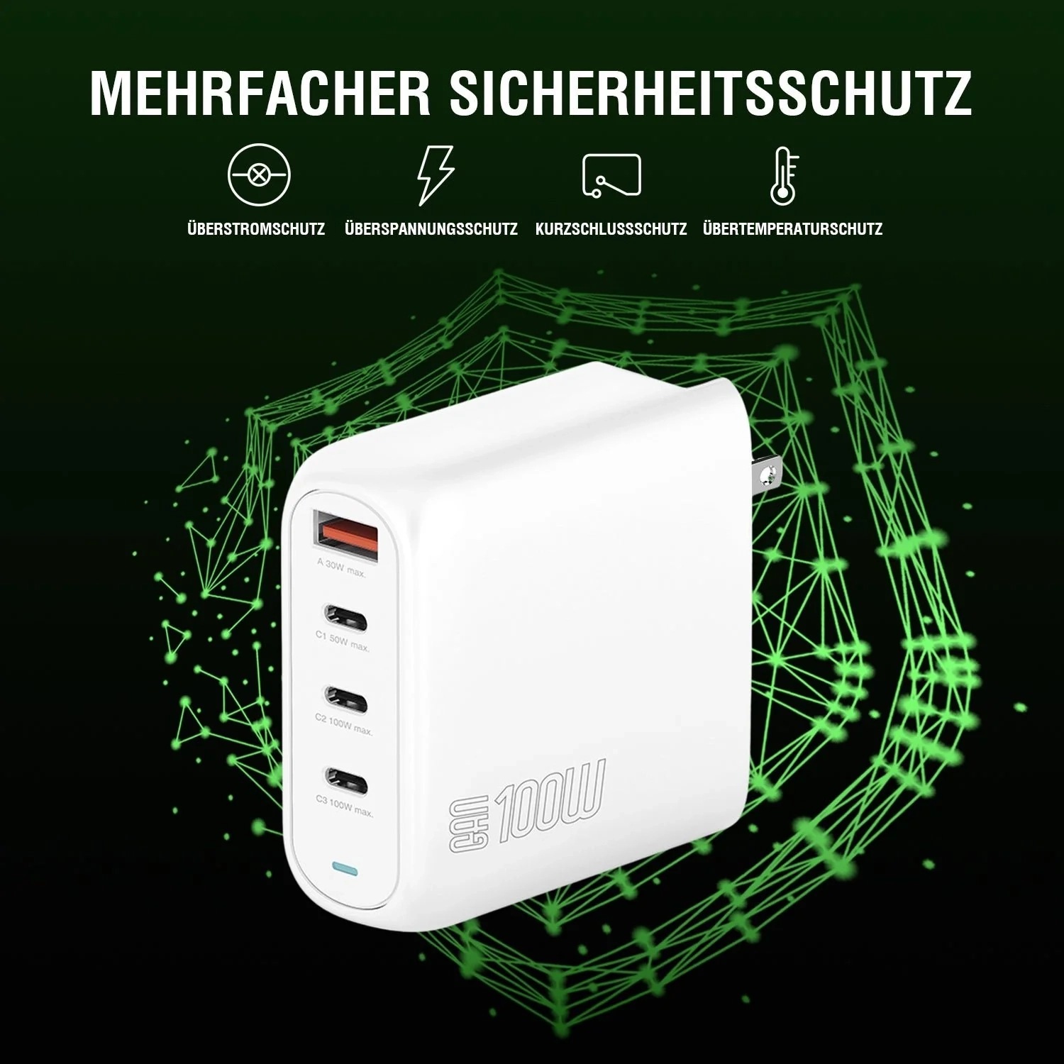 (100W) GaN Flex Pro 3-fach USB C / USB A World Travel Ladegerät Power Delivery Netzteil (4S545100) - Weiss