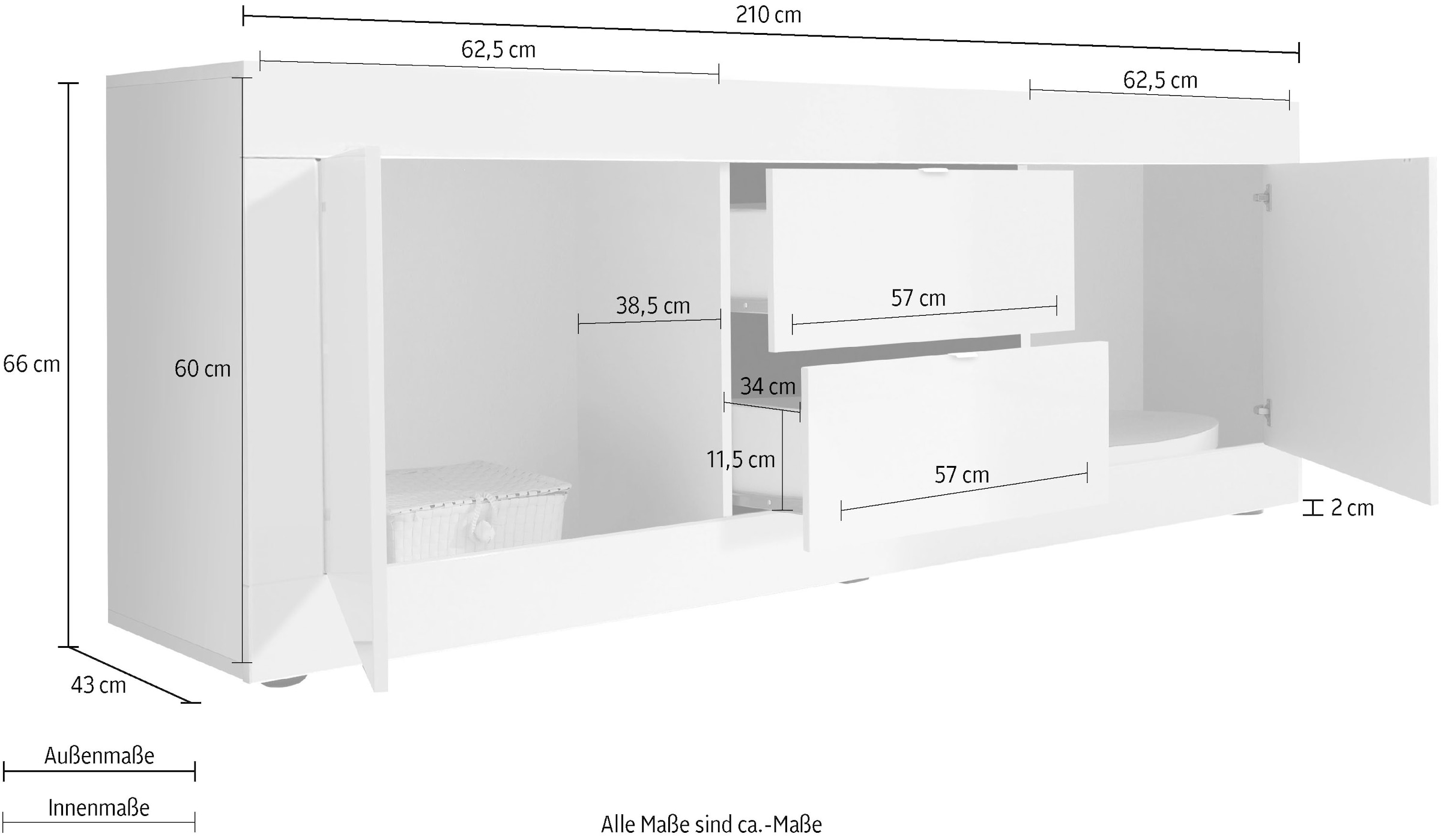 INOSIGN Lowboard »Basic Breite 210 cm, TV-Board 2 Türen, 2 Schubkästen, TV-Schrank« Metallgriff, moderne Rahmenoptik, viel Stauraum, Farbauswahl