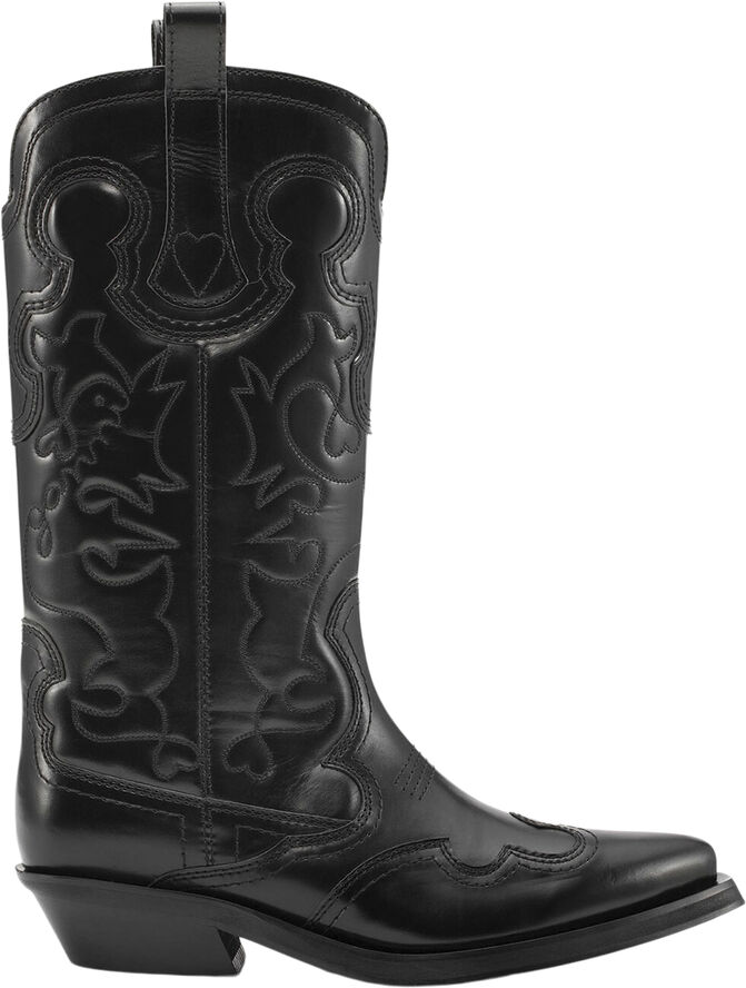 Ganni Mid Shaft Embroidered Western Boot Black/black